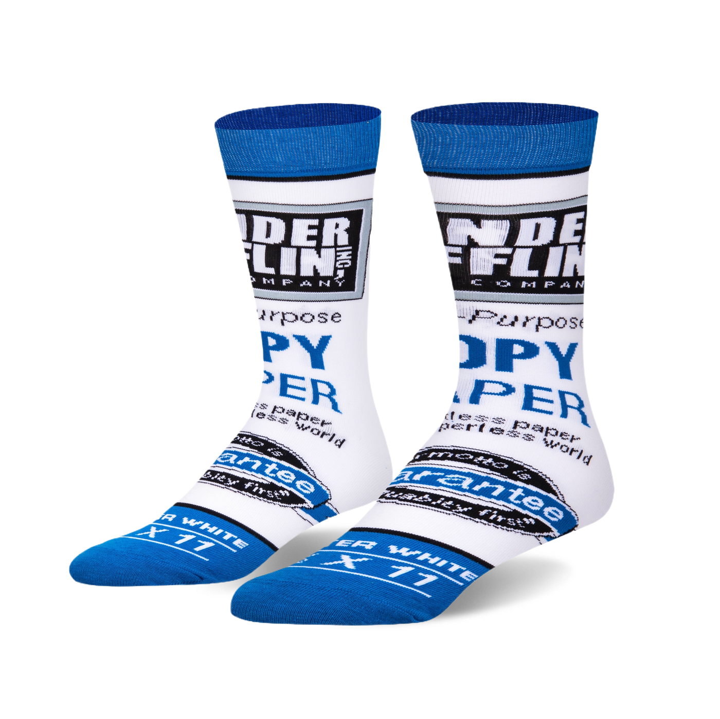 Pair of white crew socks with blue Dunder Mifflin Paper Co. logo and text.  Features the company slogan and paper product details.