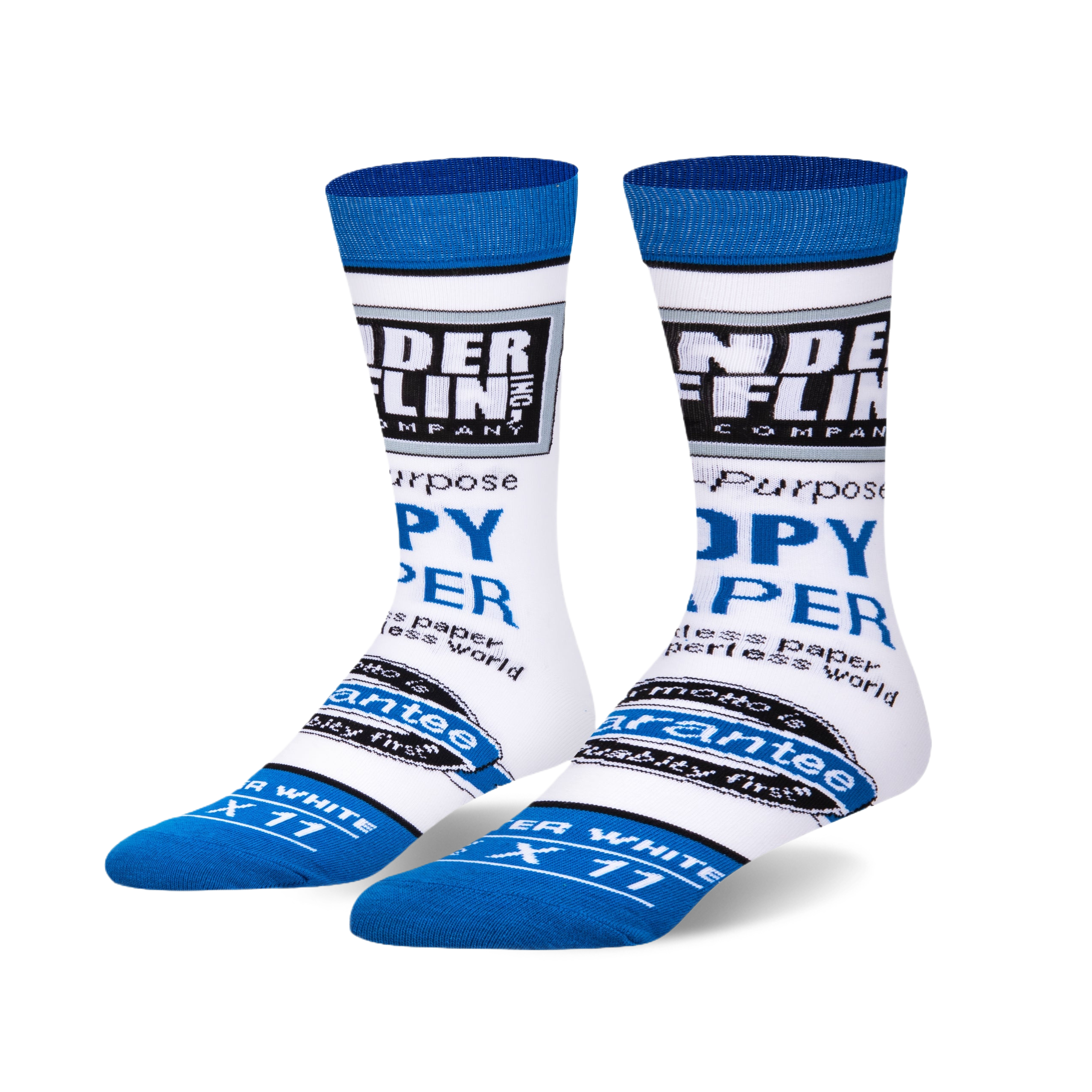 Pair of white crew socks with blue Dunder Mifflin Paper Co. logo and text.  Features the company slogan and paper product details.