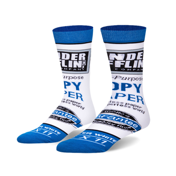 White crew socks with blue accents, featuring the Dunder Mifflin Paper Co. logo and 'COPY PAPER' text design.