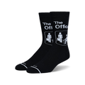 Pair of black crew socks with The Office logo and iconic office worker pictogram.