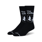 Pair of black crew socks with The Office logo and iconic office worker pictogram.