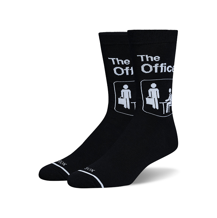 Pair of black crew socks with The Office logo and iconic office worker pictogram.