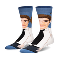A pair of crew socks with a stylized illustration of Jim Halpert from The Office.  The socks are predominantly white, black and light blue.