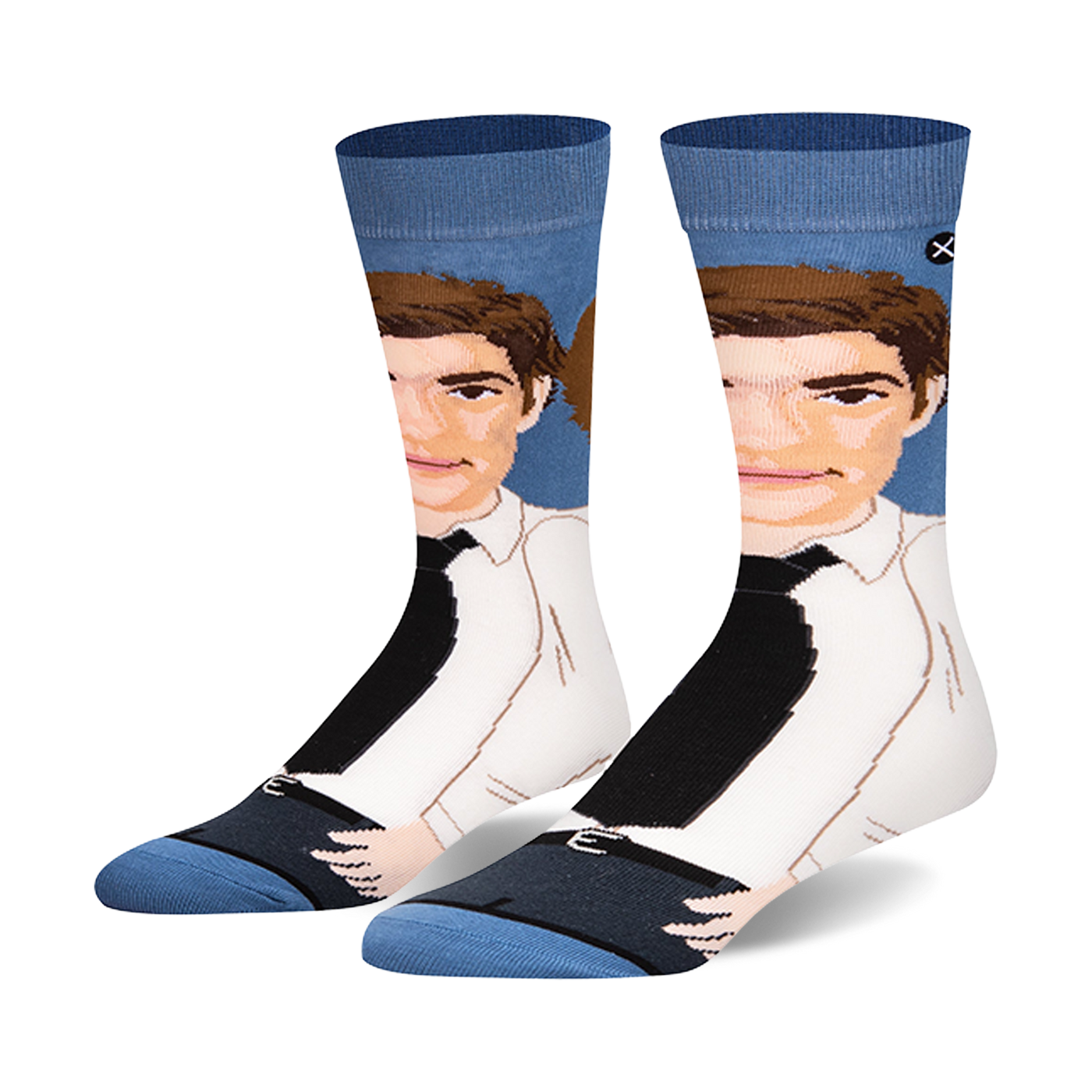 A pair of crew socks with a stylized illustration of Jim Halpert from The Office.  The socks are predominantly white, black and light blue.