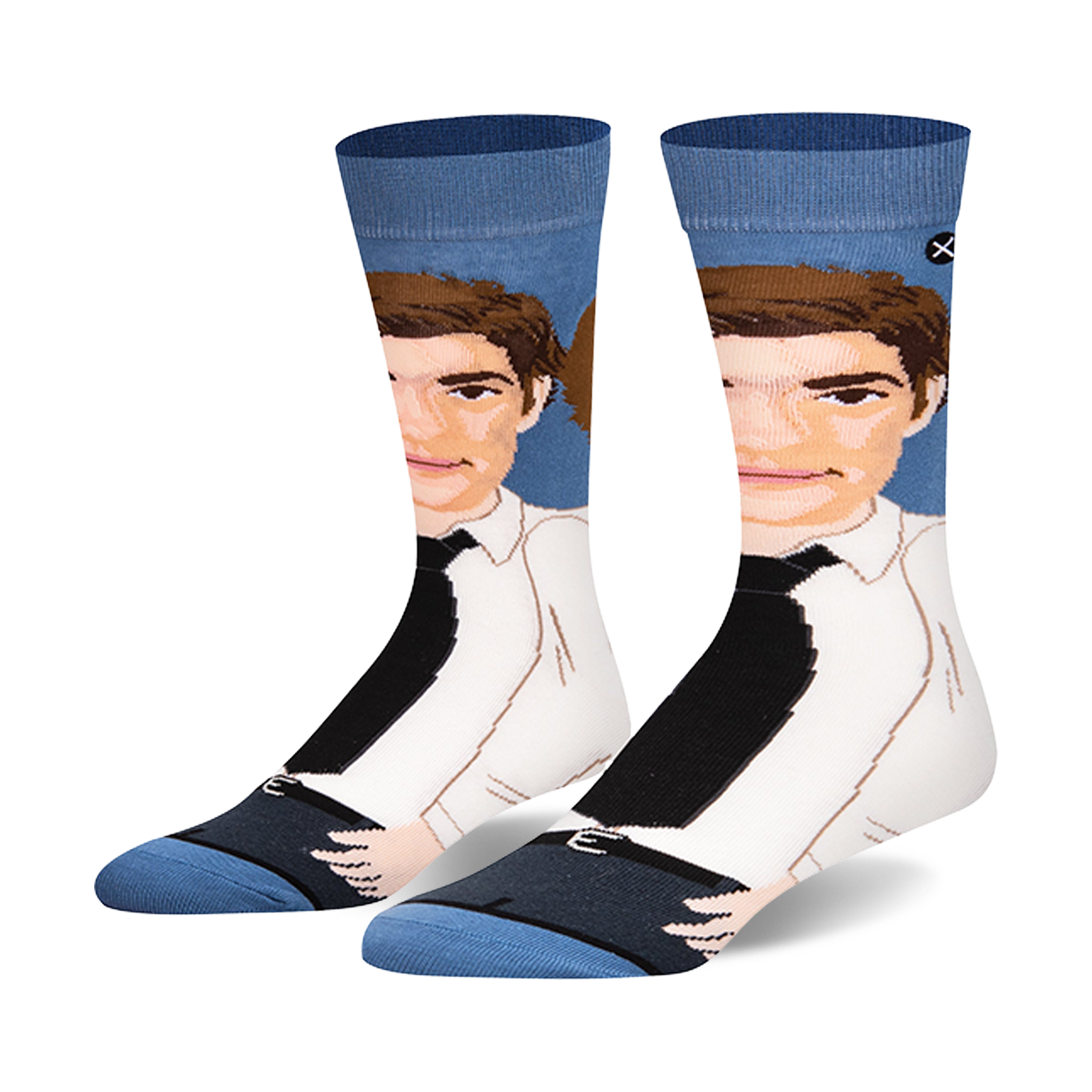 A pair of crew socks with a stylized illustration of Jim Halpert from The Office.  The socks are predominantly white, black and light blue.