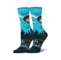 Crew socks in teal, dark green, and brown, featuring Bob Ross's portrait and the quote, "I knew I could paint."