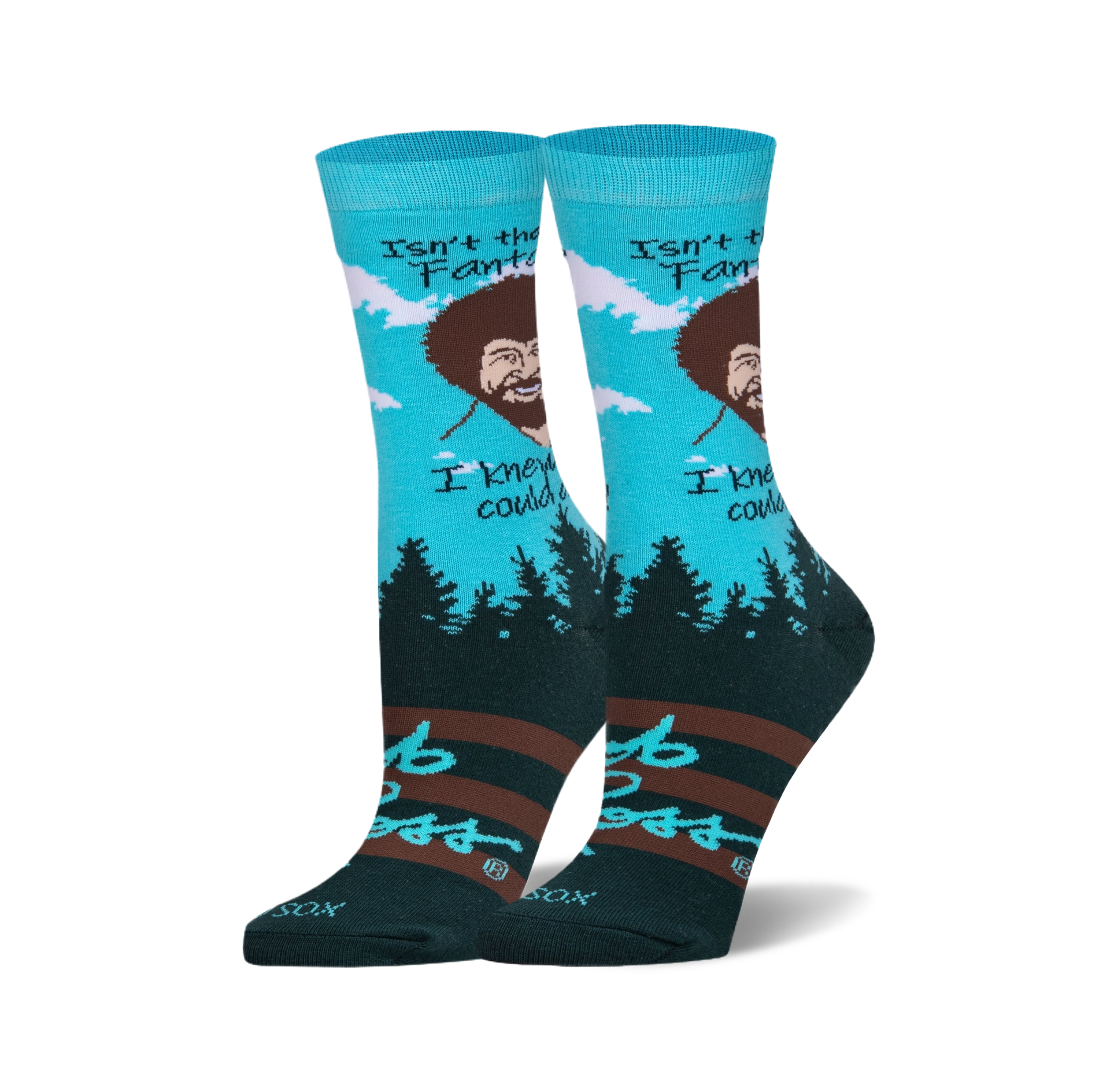Crew socks in teal, dark green, and brown, featuring Bob Ross's portrait and the quote, "I knew I could paint."