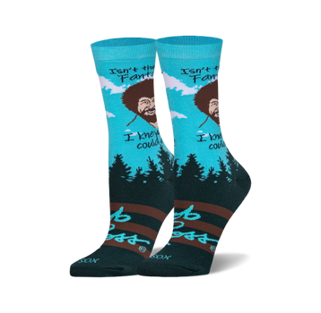 Crew socks in teal, dark green, and brown, featuring Bob Ross's portrait and the quote, "I knew I could paint."