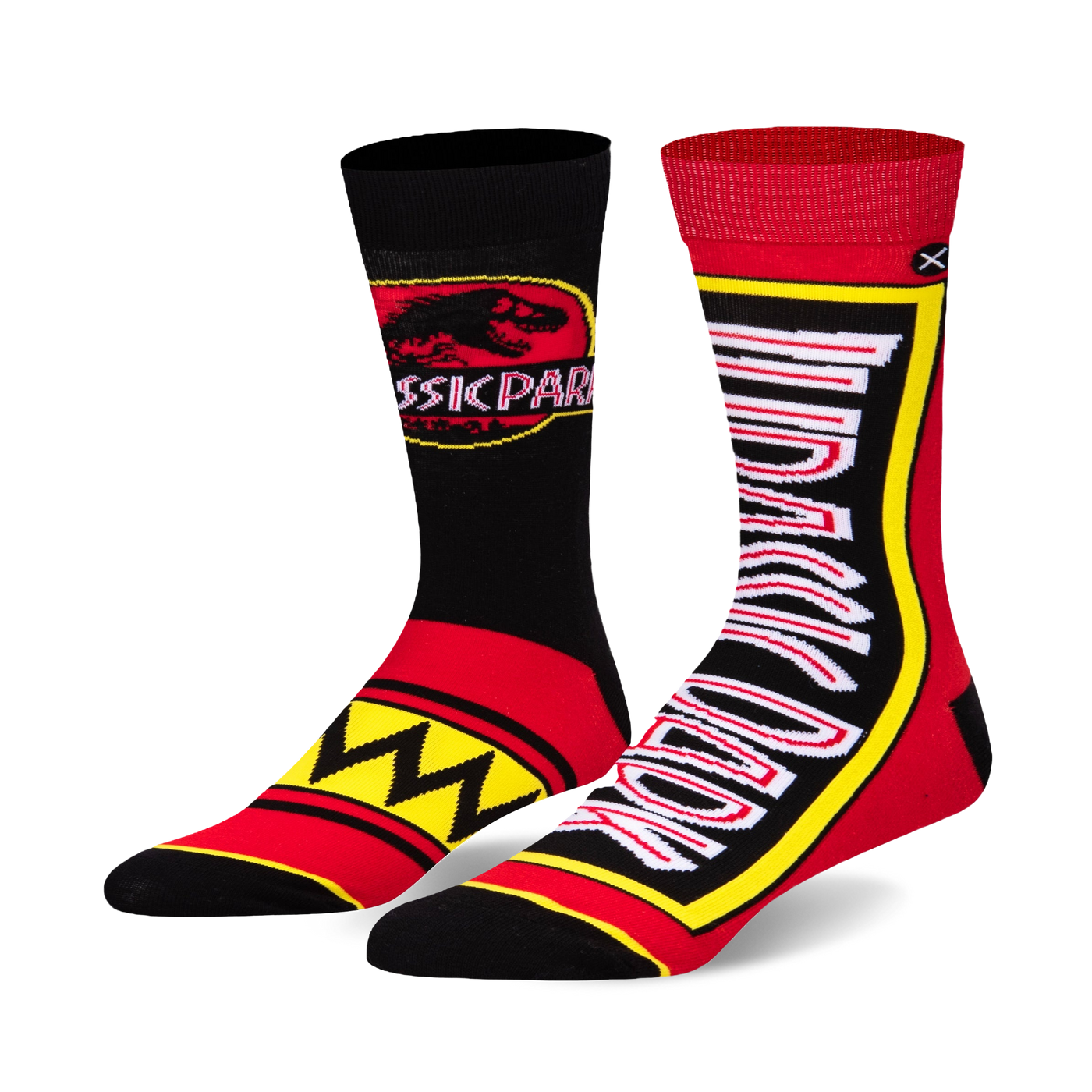 Pair of crew socks, one black with Jurassic Park logo and red accents, the other red with yellow Jurassic Park lettering, both with black and yellow trim.