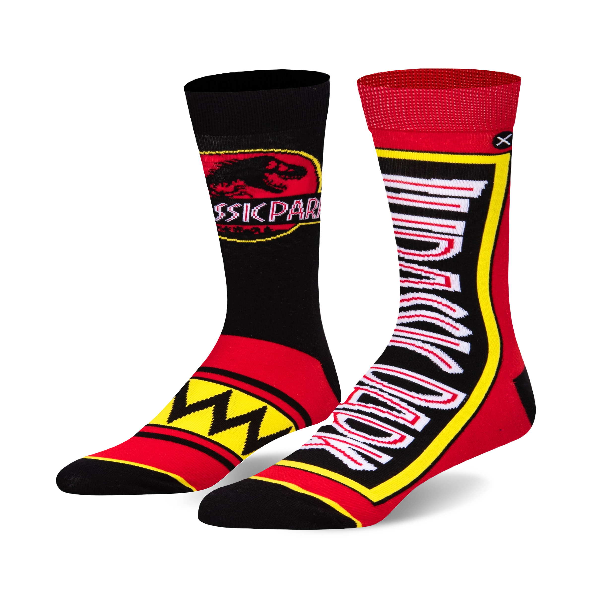 Pair of crew socks, one black with Jurassic Park logo and red accents, the other red with yellow Jurassic Park lettering, both with black and yellow trim.