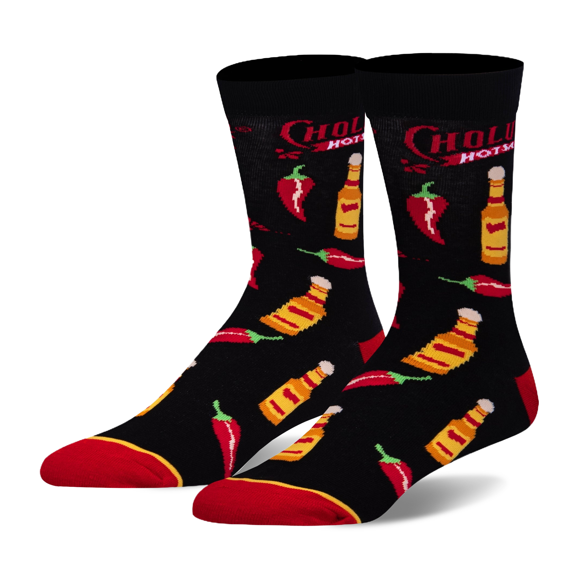 Black crew socks featuring a pattern of Cholula hot sauce bottles, red chili peppers, the Cholula logo, and red toe accents.