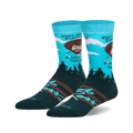 Crew socks in teal, dark green, and brown.  Feature Bob Ross's portrait, his quote, and a pine forest scene.