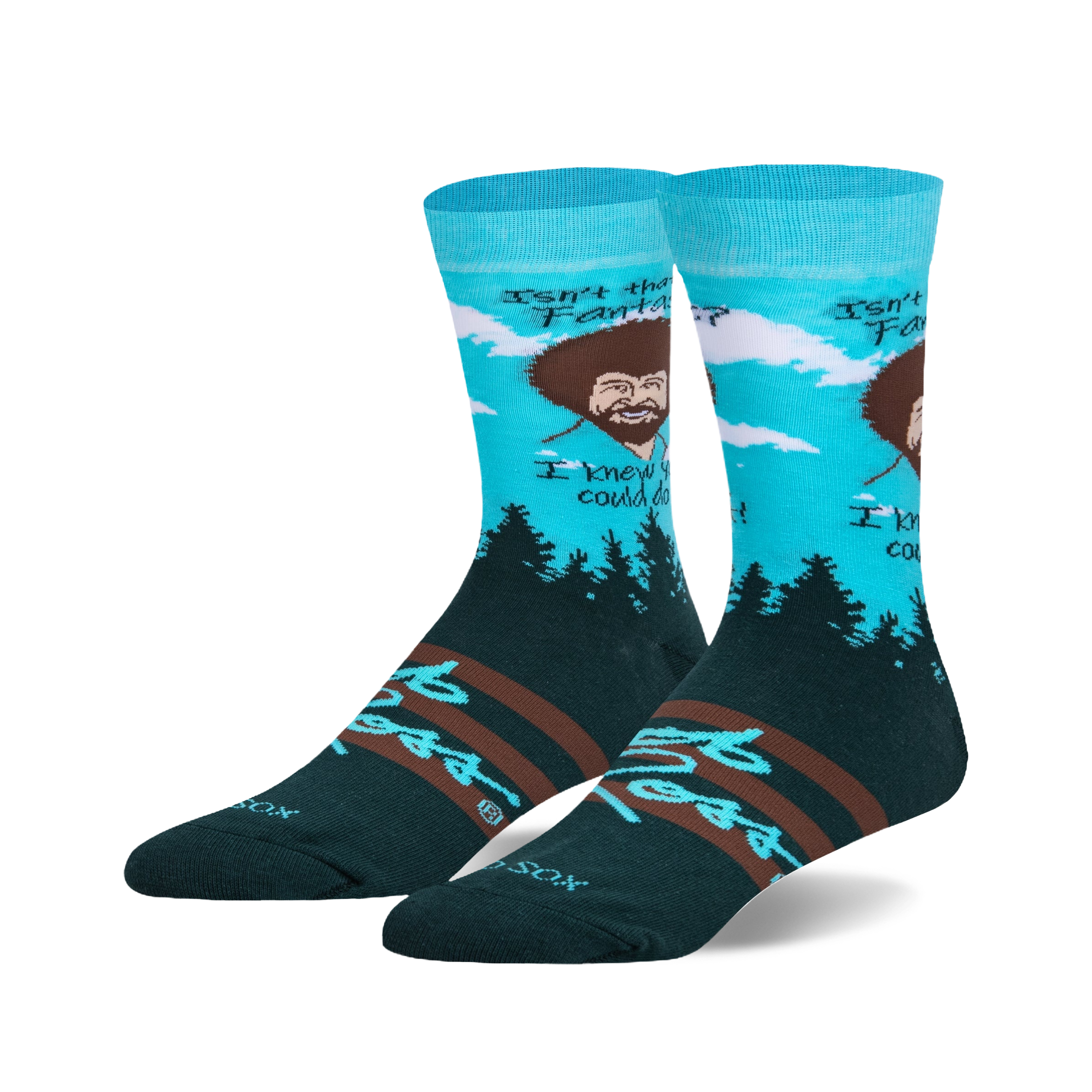 Crew socks in teal, dark green, and brown.  Feature Bob Ross's portrait, his quote, and a pine forest scene.