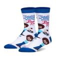 A pair of crew socks with a white background. They feature Bob Ross's portrait, his signature quote, and painting elements. The socks are blue and white.