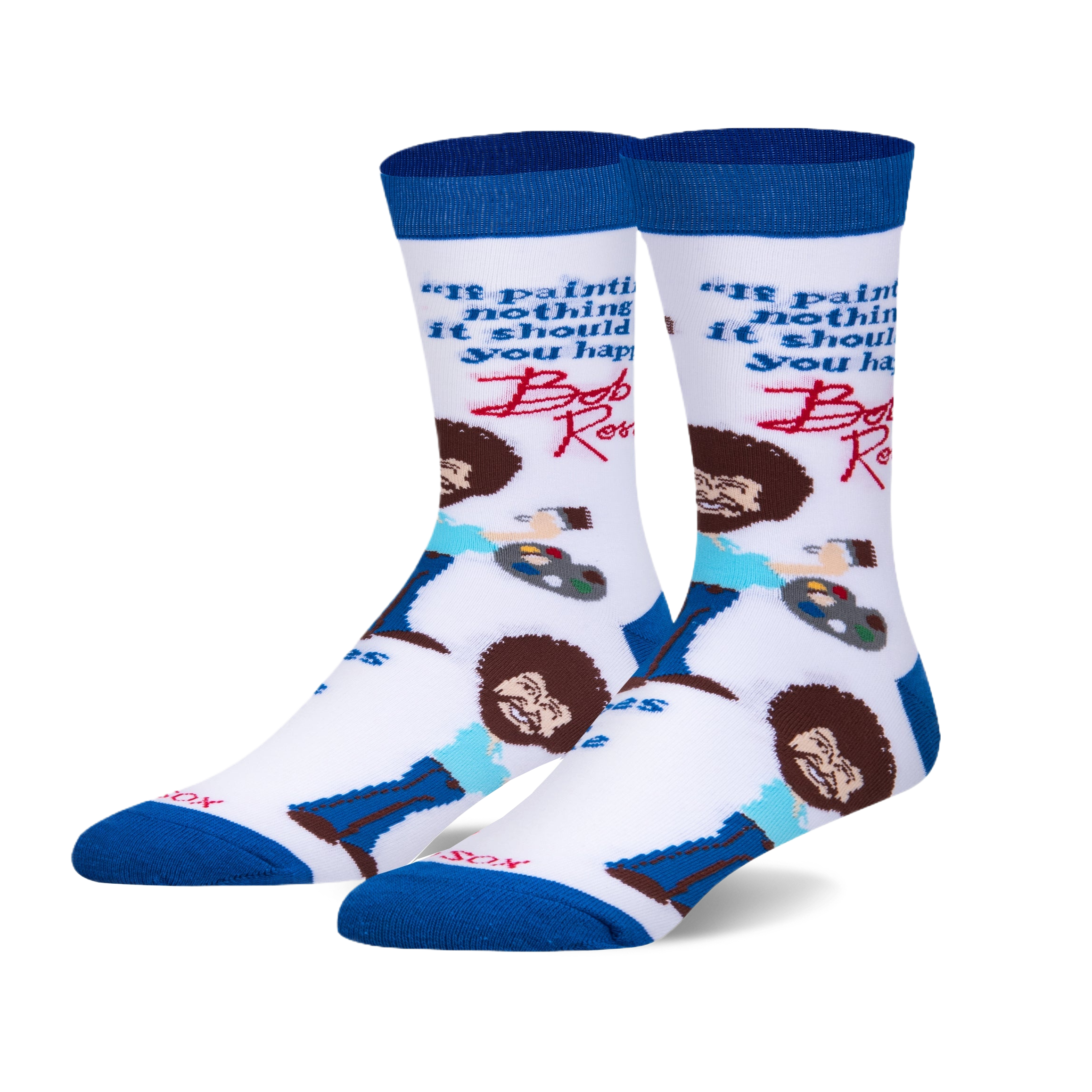 A pair of crew socks with a white background. They feature Bob Ross's portrait, his signature quote, and painting elements. The socks are blue and white.
