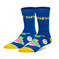 Pair of blue crew socks with a yellow 'Spam' logo and illustrations of Spam slices and eggs.  Fun and quirky design.