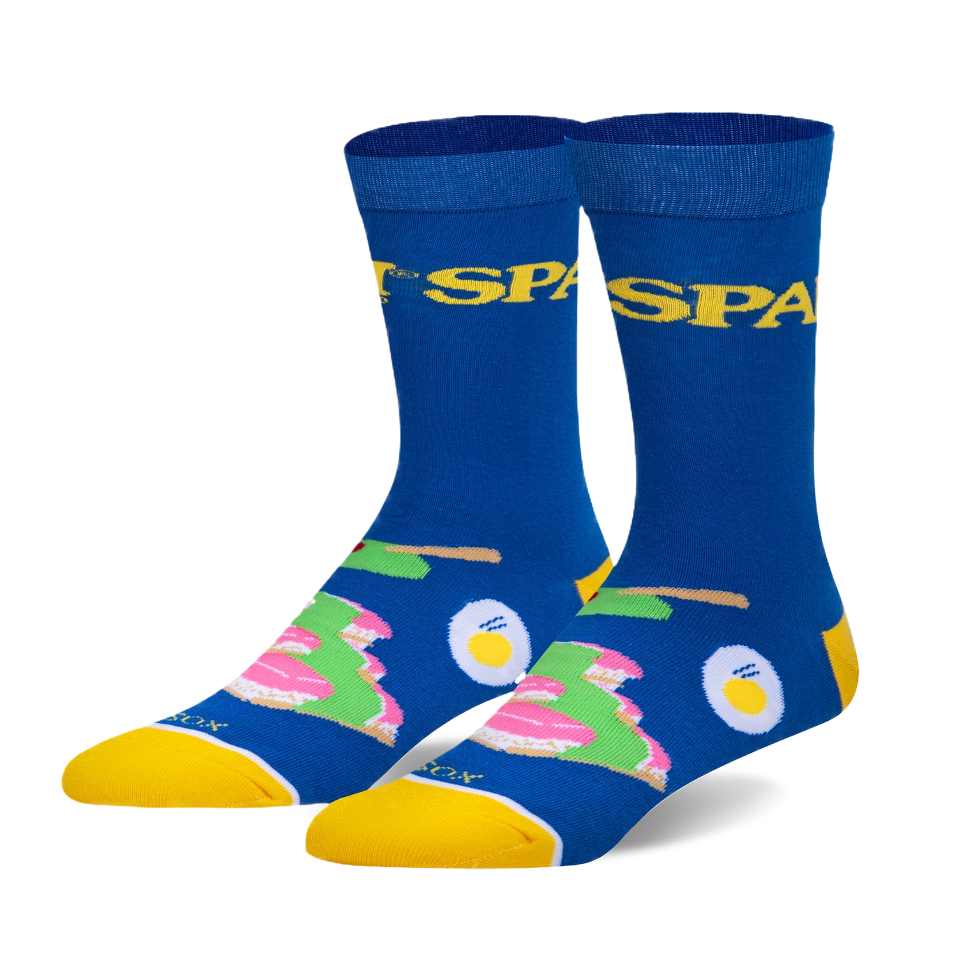 Pair of blue crew socks with a yellow 'Spam' logo and illustrations of Spam slices and eggs.  Fun and quirky design.