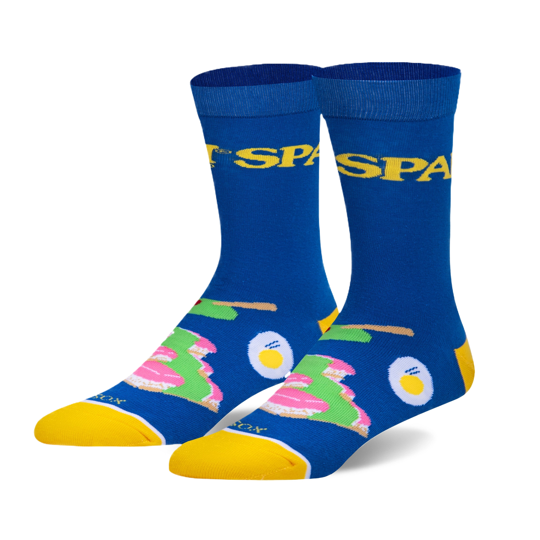Pair of blue crew socks with a yellow 'Spam' logo and illustrations of Spam slices and eggs.  Fun and quirky design.