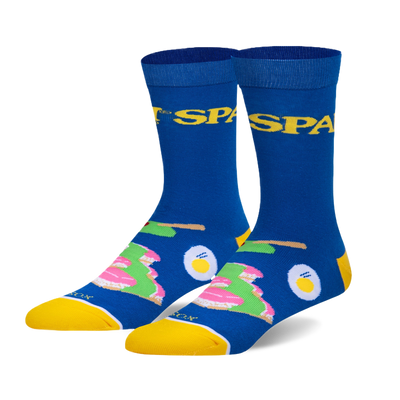 Pair of blue crew socks with a yellow 'Spam' logo and illustrations of Spam slices and eggs.  Fun and quirky design.