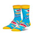Pair of crew socks, blue background, yellow cuffs, featuring a repeated image of Skippy peanut butter packaging and peanuts.