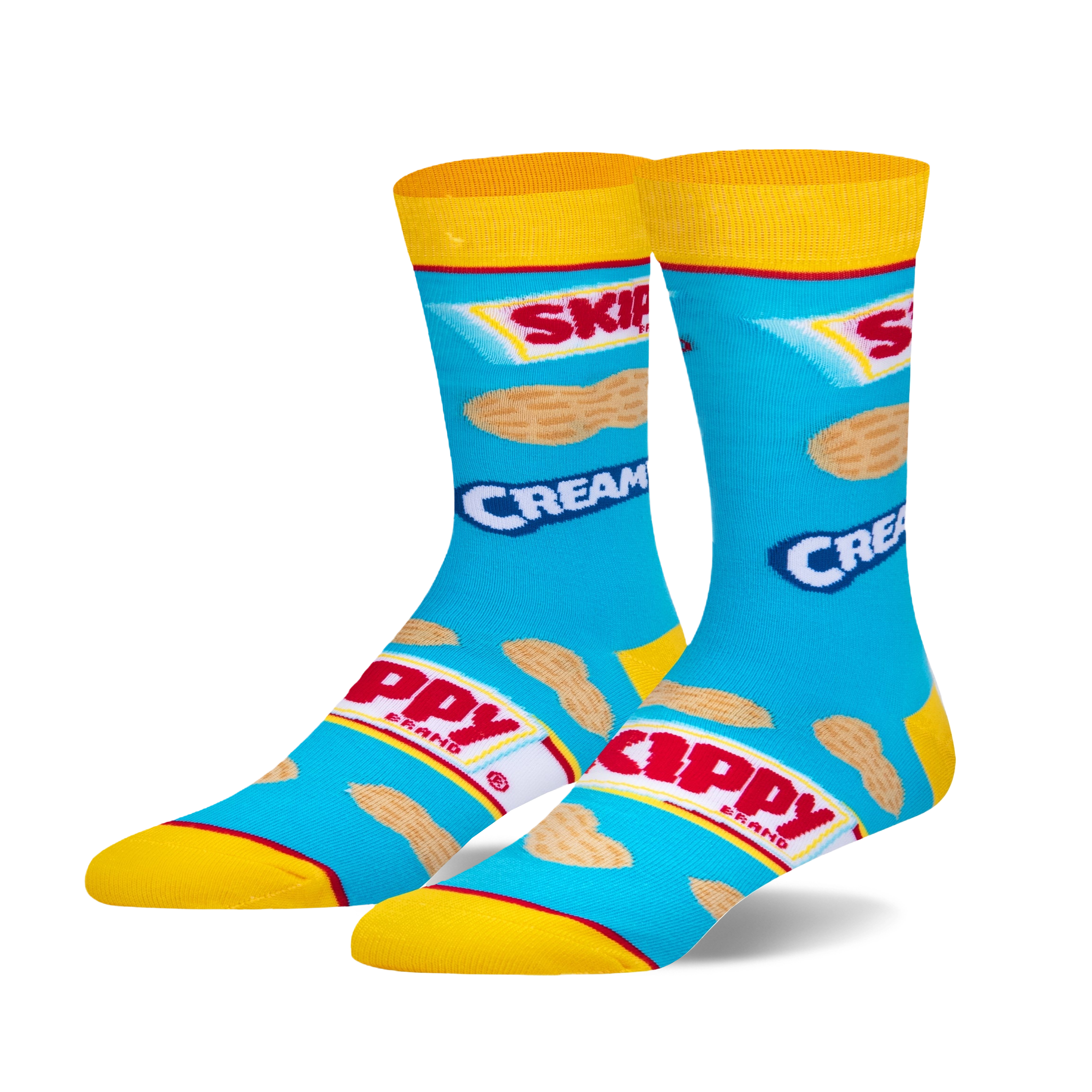 Pair of crew socks, blue background, yellow cuffs, featuring a repeated image of Skippy peanut butter packaging and peanuts.
