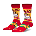 A pair of crew socks showcasing a Cholula hot sauce design.  Red, yellow, and green colors are prominent; the image includes the Cholula bottle and label art.