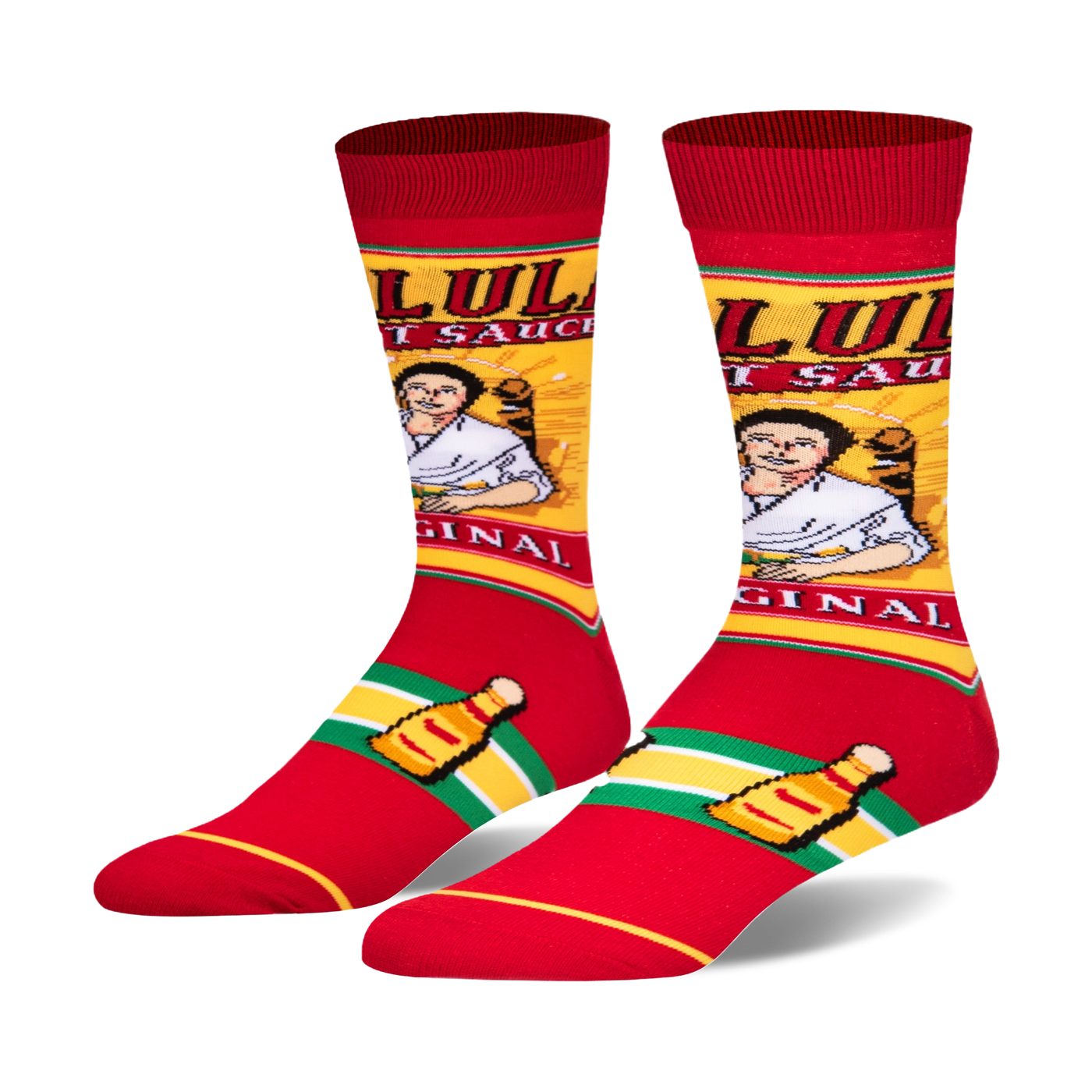 A pair of crew socks showcasing a Cholula hot sauce design.  Red, yellow, and green colors are prominent; the image includes the Cholula bottle and label art.