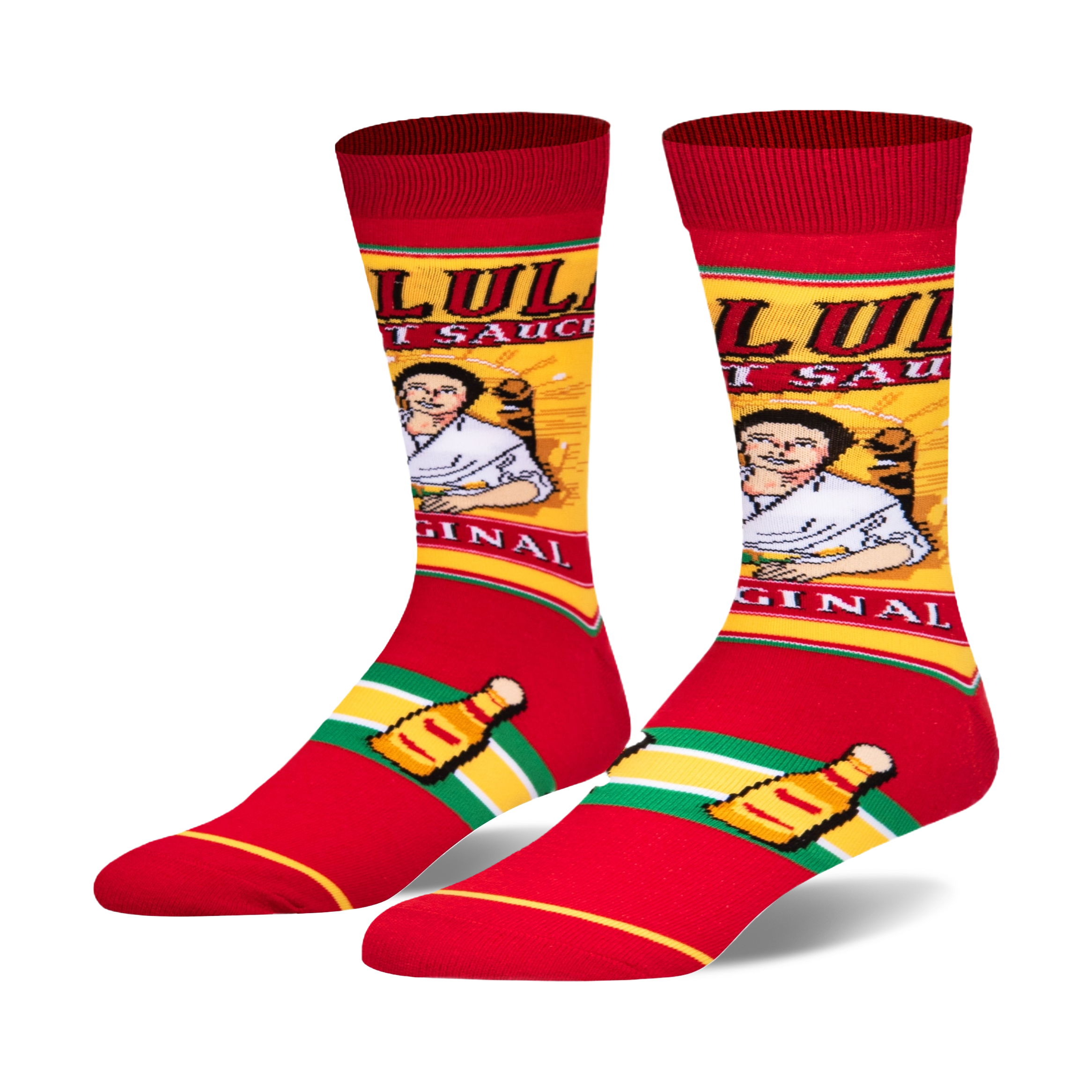 A pair of crew socks showcasing a Cholula hot sauce design.  Red, yellow, and green colors are prominent; the image includes the Cholula bottle and label art.