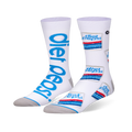 White crew socks. One side has giant blue vertical Diet Pepsi text, the other features a retro striped logo pattern.