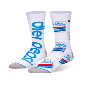 White crew socks. One side has giant blue vertical Diet Pepsi text, the other features a retro striped logo pattern.