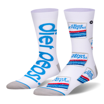 White crew socks. One side has giant blue vertical Diet Pepsi text, the other features a retro striped logo pattern.
