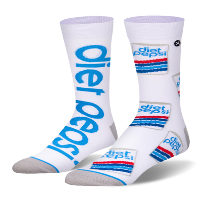 White crew socks. One side has giant blue vertical Diet Pepsi text, the other features a retro striped logo pattern.