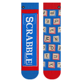 Flatlay product shot of the Scrabble Split socks, showcasing the full design on both socks.