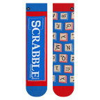 Flatlay product shot of the Scrabble Split socks, showcasing the full design on both socks.