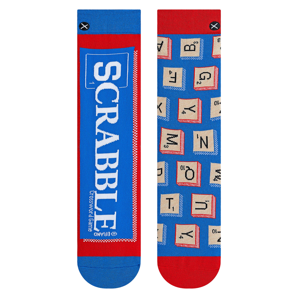 Flatlay product shot of the Scrabble Split socks, showcasing the full design on both socks.