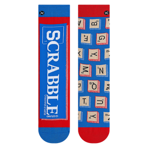 Flatlay product shot of the Scrabble Split socks, showcasing the full design on both socks.