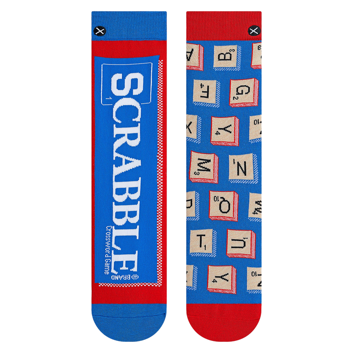 Flatlay product shot of the Scrabble Split socks, showcasing the full design on both socks.