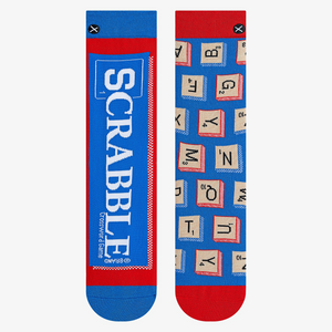 Flatlay product shot of the Scrabble Split socks, showcasing the full design on both socks.