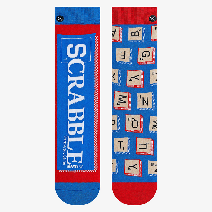 Flatlay product shot of the Scrabble Split socks, showcasing the full design on both socks.