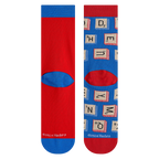Close-up shot of the back of the socks, highlighting the red cuff and blue heel detail.