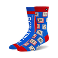 Pair of blue and red crew socks. One sock features Scrabble tiles, the other the Scrabble logo. Fun and geeky!
