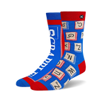 Pair of blue and red crew socks. One sock features Scrabble tiles, the other the Scrabble logo. Fun and geeky!