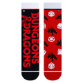 Flatlay showcasing a pair of red and black Dungeons & Dragons themed crew socks.