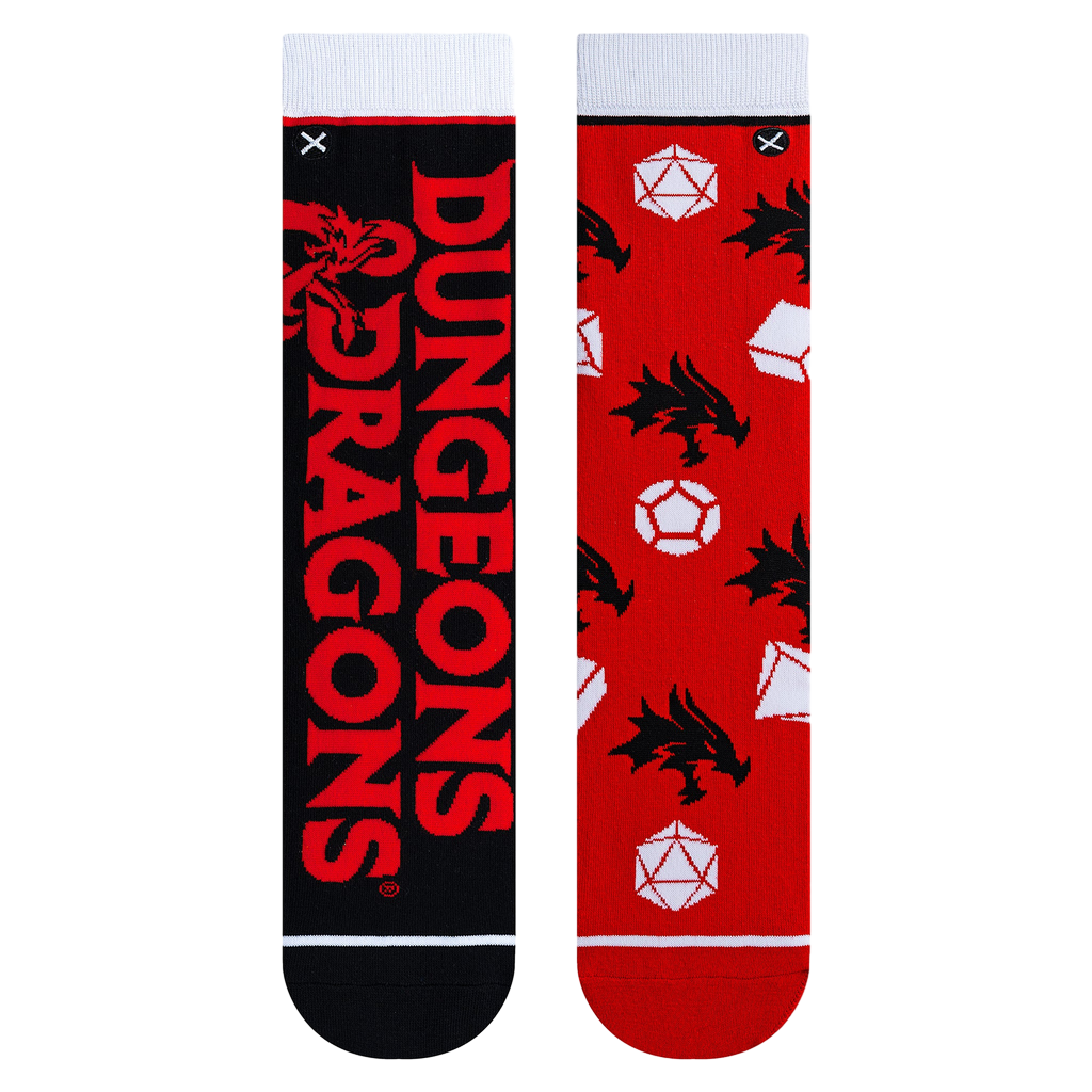 Flatlay showcasing a pair of red and black Dungeons & Dragons themed crew socks.