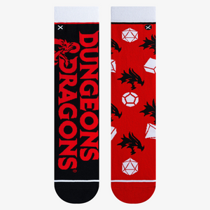 Flatlay showcasing a pair of red and black Dungeons & Dragons themed crew socks.