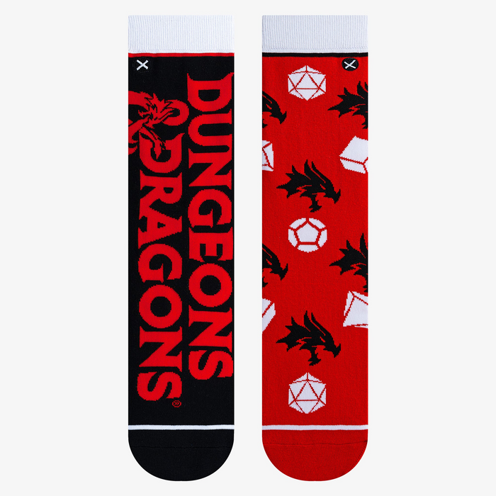 Flatlay showcasing a pair of red and black Dungeons & Dragons themed crew socks.
