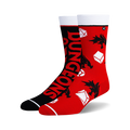 Pair of Dungeons & Dragons crew socks. One black sock features the logo, the other is red with dragons and dice. 