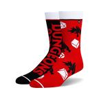 Pair of Dungeons & Dragons crew socks. One black sock features the logo, the other is red with dragons and dice. 