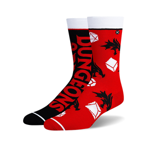Pair of Dungeons & Dragons crew socks. One black sock features the logo, the other is red with dragons and dice. 