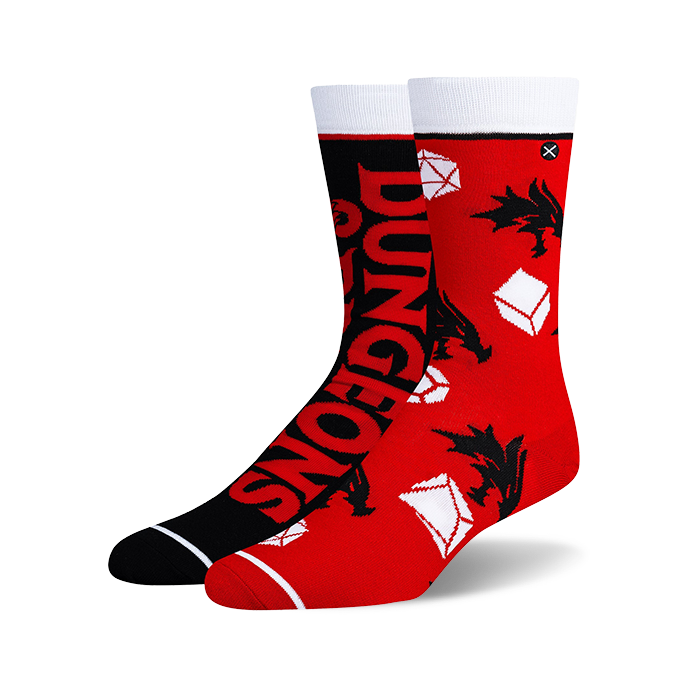 Pair of Dungeons & Dragons crew socks. One black sock features the logo, the other is red with dragons and dice. 